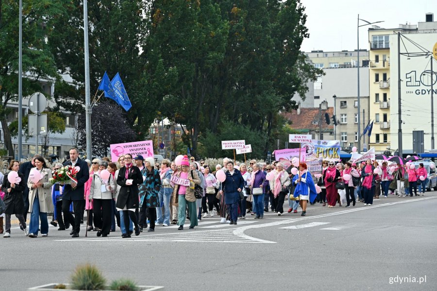 Uczestnicy Marszu R&oacute;żowej Wstążki na Skwerze Kościuszki 
