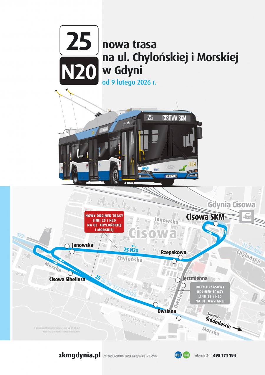 Zmiany tras linii 25 i N20 w Gdyni Cisowej od dnia 9 lutego 2026 r. 