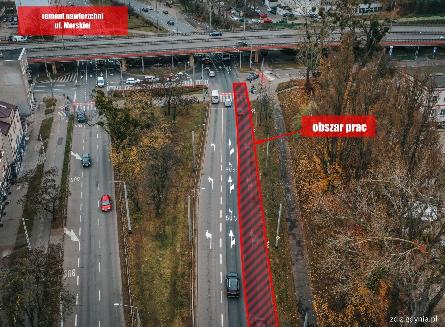 widok z góry na ulicę, na czerwono zaznaczone są zmiany w organizacji ruchu