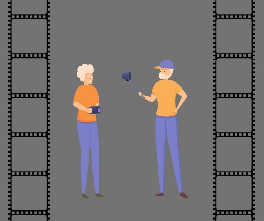 Grafika przedstawiająca seniorów z aparatem i smartfonem