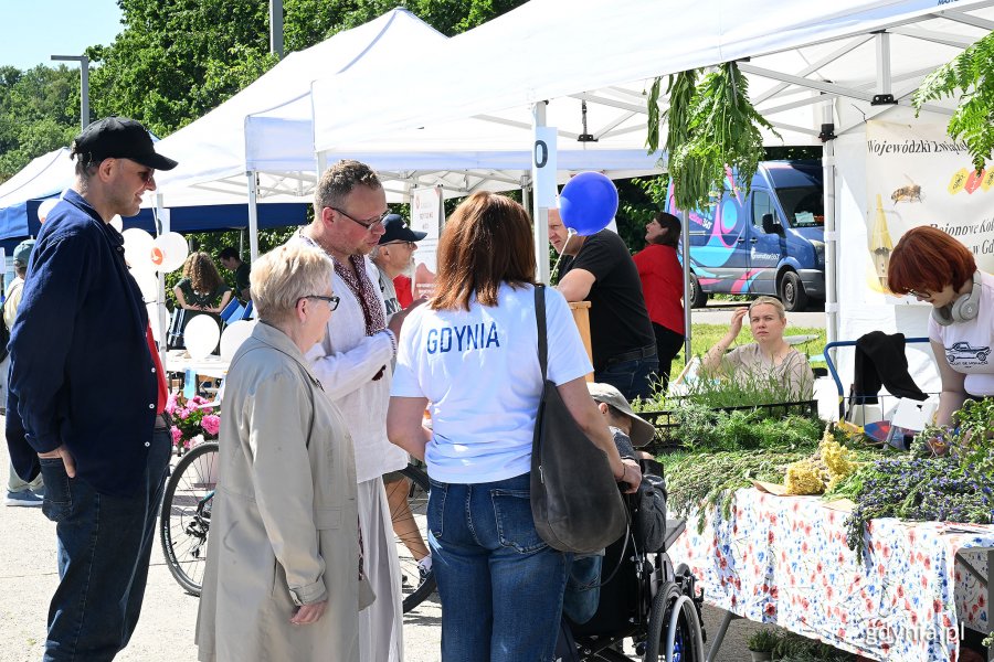 Grupa ludzi przy stoisku Rejonowego Koła Pszczelarzy w Gdyni podczas Gdyńskiego Pikniku Pozarządowego