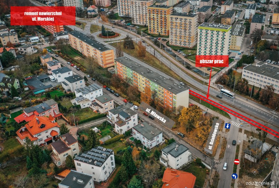 widok z góry na ulicę, na czerwono zaznaczone są zmiany w organizacji ruchu