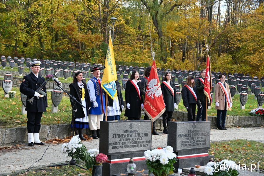 Licealiści i Kaszubi z flagami na Cmentarzu wojennym