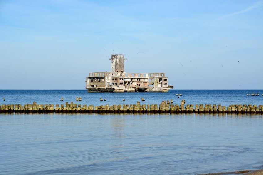 na pierwszym planie: morze oraz mewy stojące na drewnianych palach. Na drugim planie: budynek starej Torpedowni. W tle: morze.