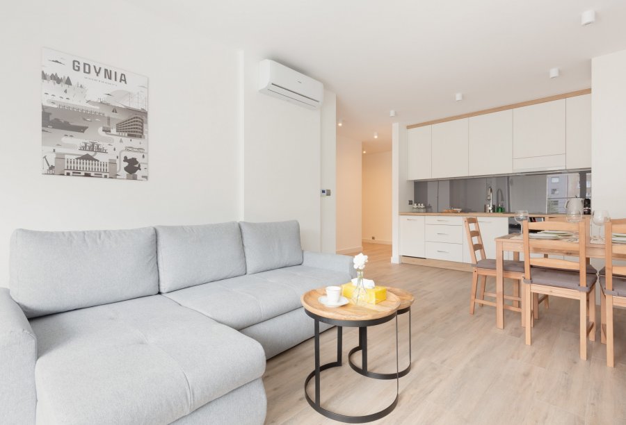 Apartament Żeromskiego 23A/7, widok na salon z aneksem kuchennym