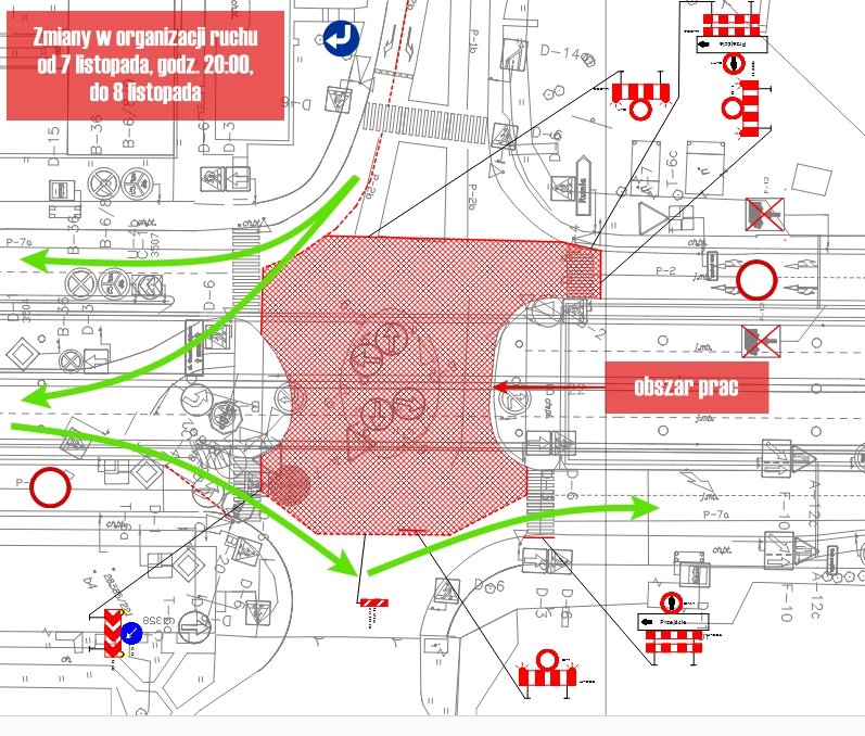 Grafika ilustrująca zmiany w organizacji ruchu od 7 listopada, godz. 20:00, do 8 listopada 2025 r. 