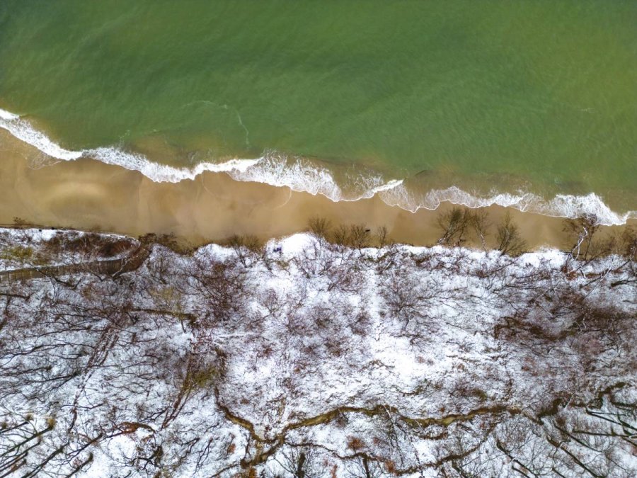 Widok z lotu ptaka przedstawiający plażę sąsiadującą z ośnieżonym lasem