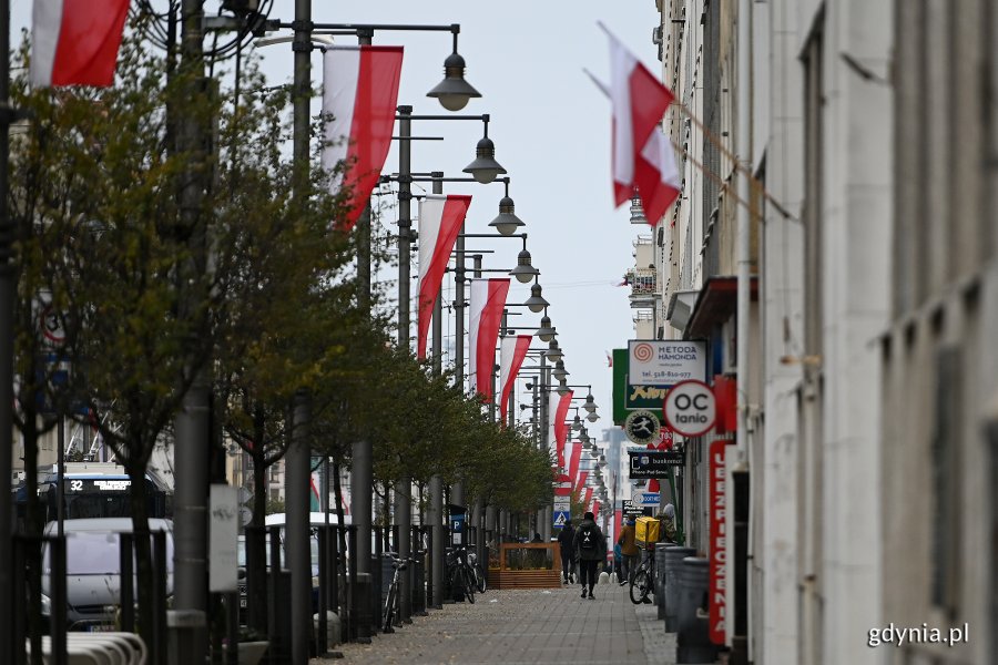 Biało-czerwone flagi na masztach i słupach ozdobią ulicę Świętojańską z okazji Święta Niepodległości // fot. Michał Puszczewicz