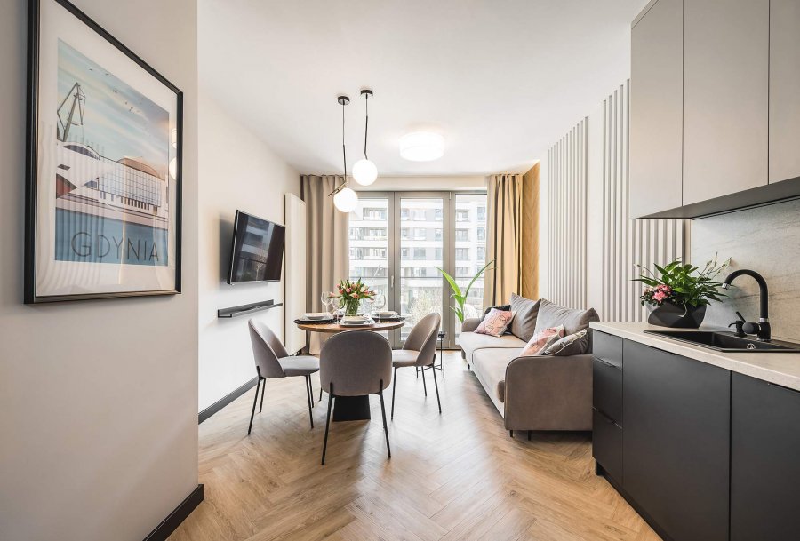 Salon z aneksem kuchennym w Apartamencie Moje Miasto