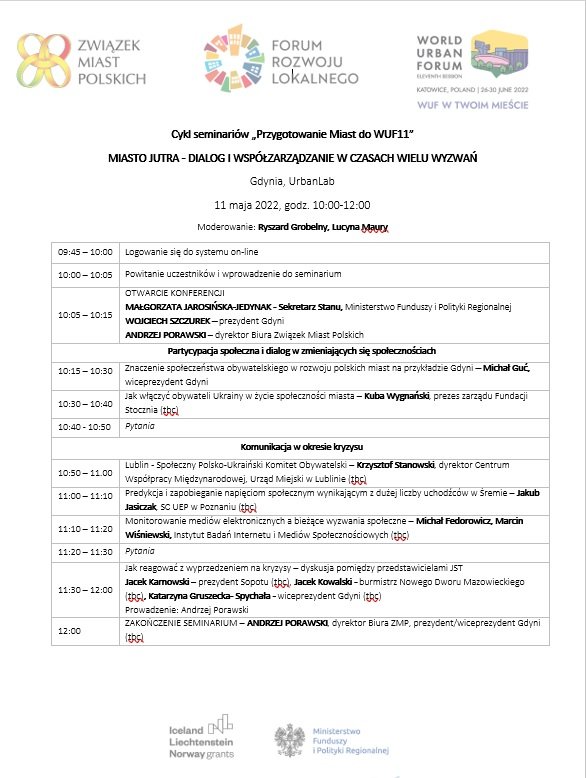 Plan seminarium „Miasto jutra- dialog i współzarządzanie w czasach wielu wyzwań”