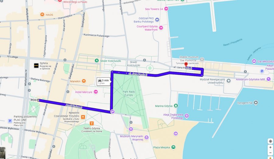 Mapka dojazd do ORP &bdquo;Błyskawica&rdquo; z południa