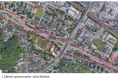 Zakres opracowania: ulica Morska (mat. Poldukt Projekt w ramach opracowania „Koncepcji przebudowy ul. Morskiej od Węzła Żołnierzy Wyklętych do skrzyżowania z ul. Kalksztajnów w Gdyni