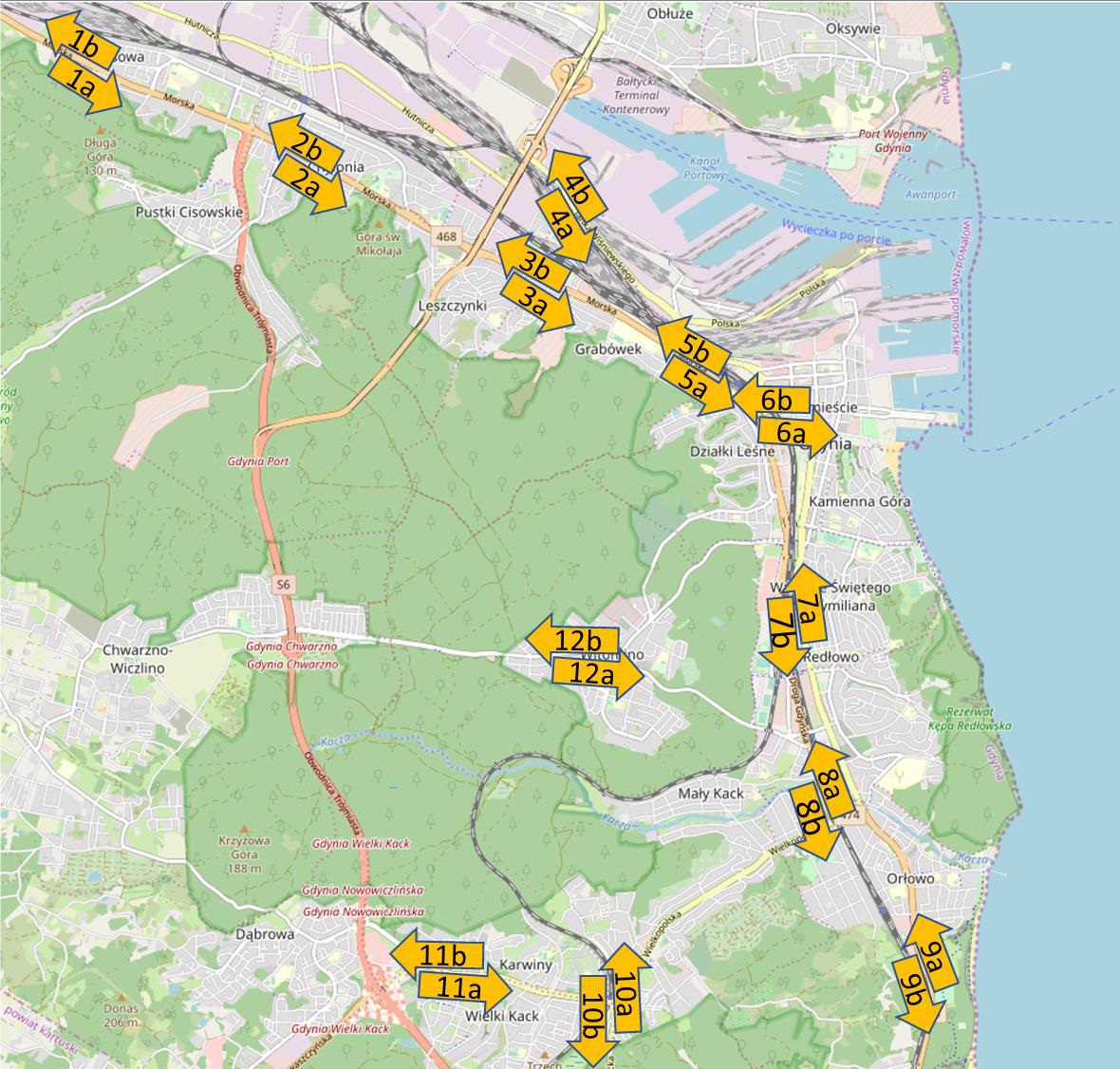 Mapa pokazaujęca lokalizację punktów, w których przeanalizowano natężenie ruchu // źródło TRISTAR z wykorzystaniem openstreetmap.org