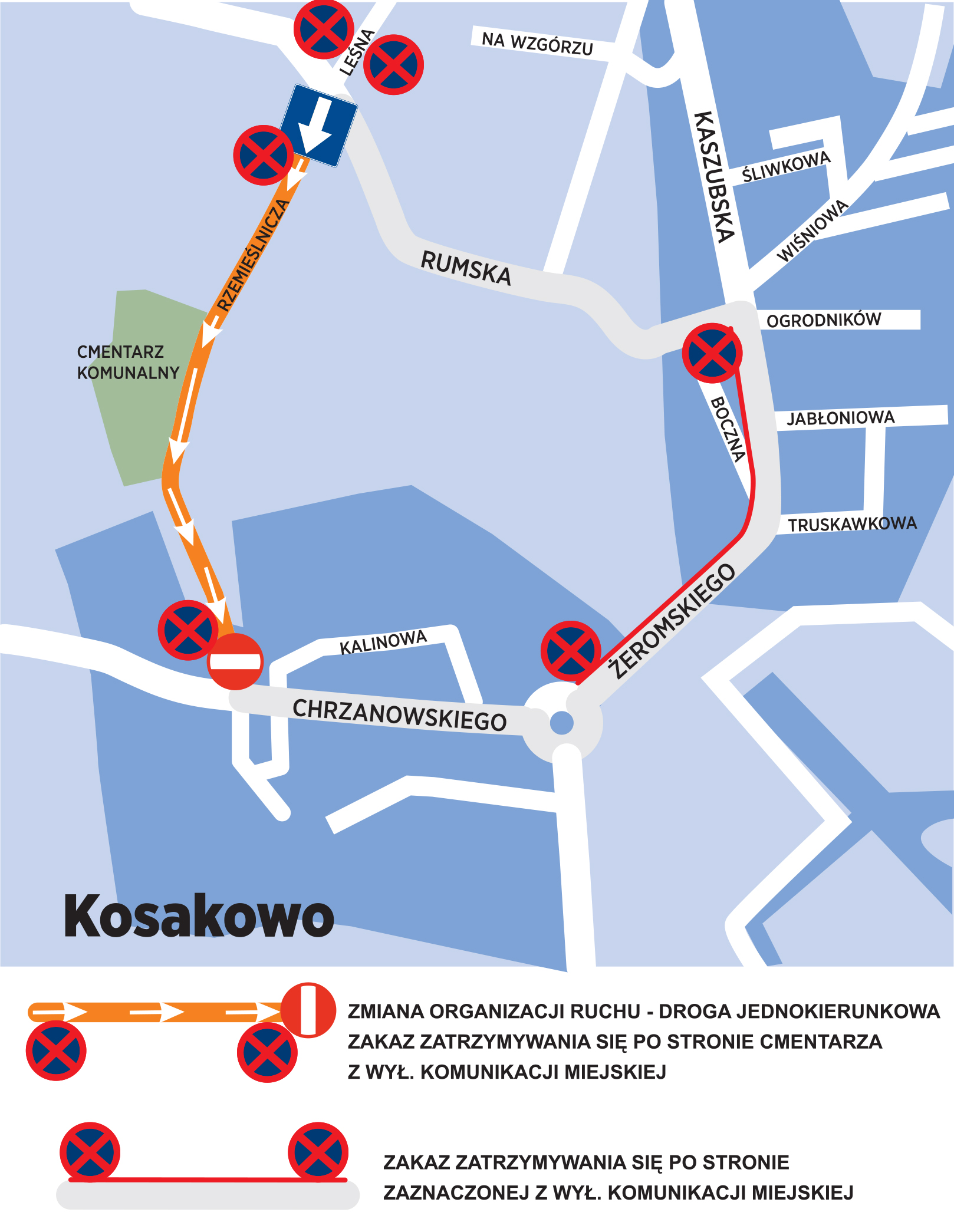 grafika przedstawia zmiany w organizacji ruchu w rejonie cmentarza Kosakowo