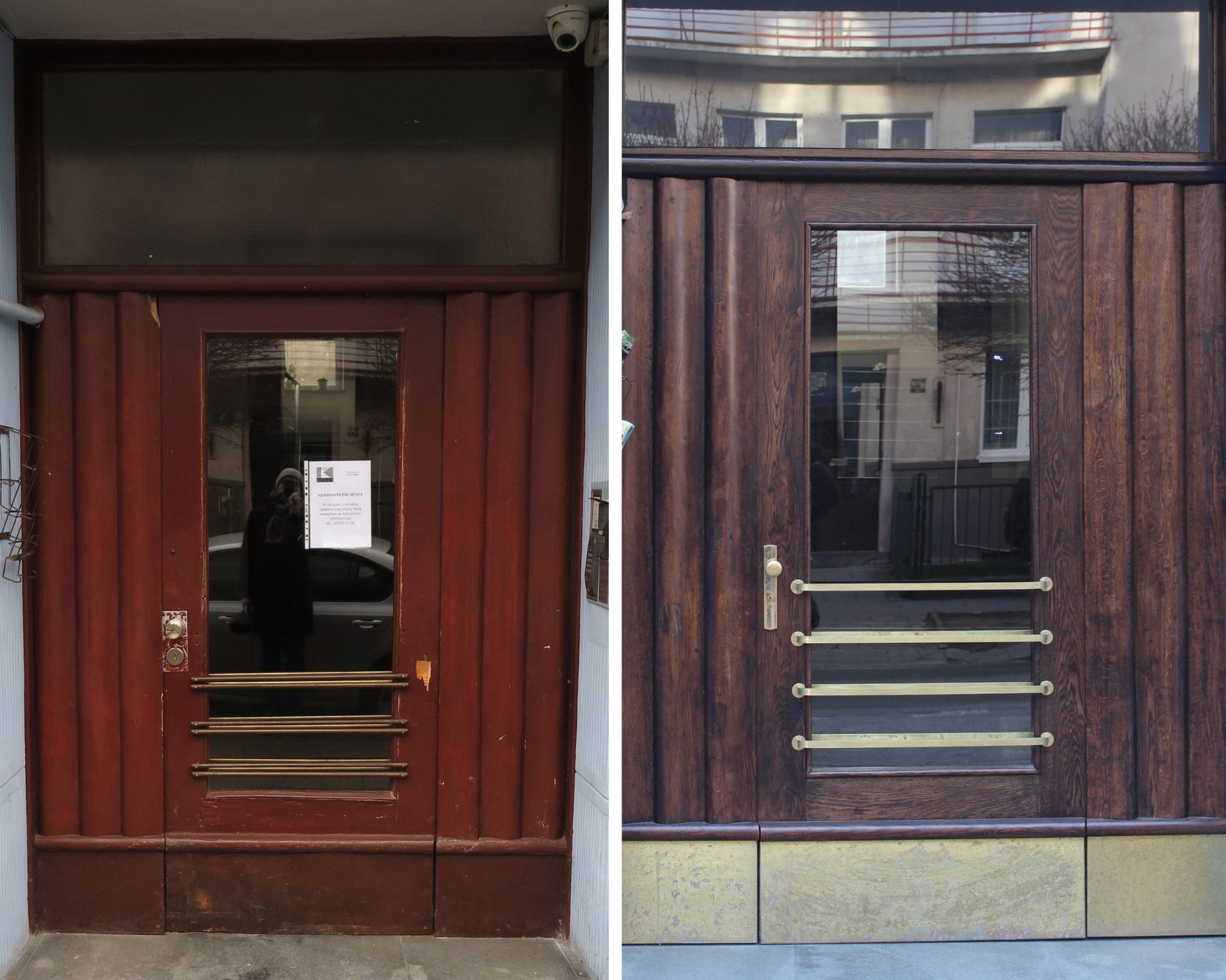 Drzwi do budynku przy ul. Bema 4 przed i po pracach konserwatorskich, fot. Biuro Miejskiego Konserwatora Zabytków w Gdyni