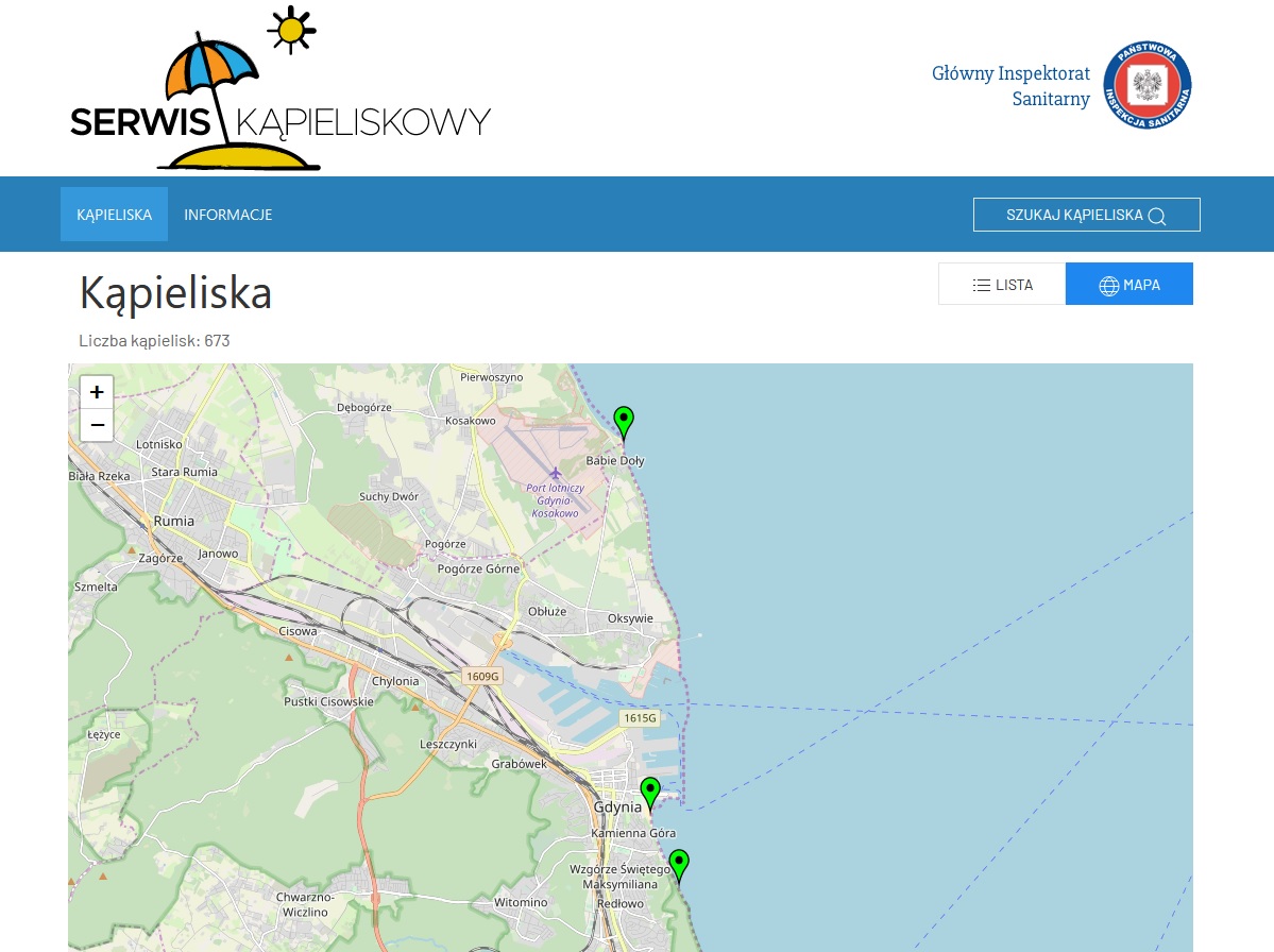 W taki sposób znajdziemy informacje o stanie wody w Serwisie Kąpieliskowym - na przykład poprzez uproszczoną mapę z zaznaczonymi kąpieliskami, fot. zrzut ekranu / sk.gis.gov.pl