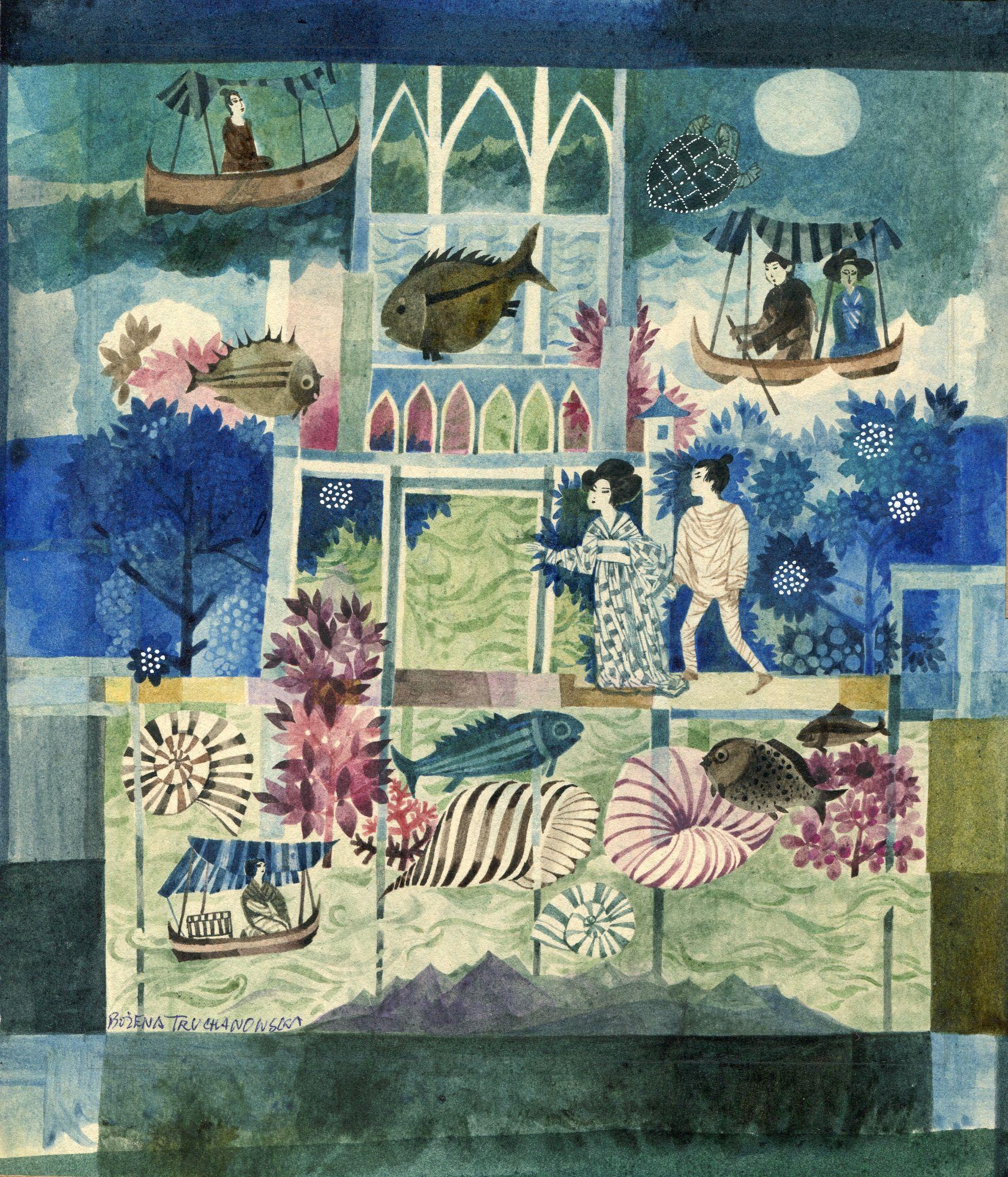 Jedna z ilustracji Bożeny Truchanowskiej przedstawiająca Azjat&oacute;w w kimonach i łodziach // fot. MMG