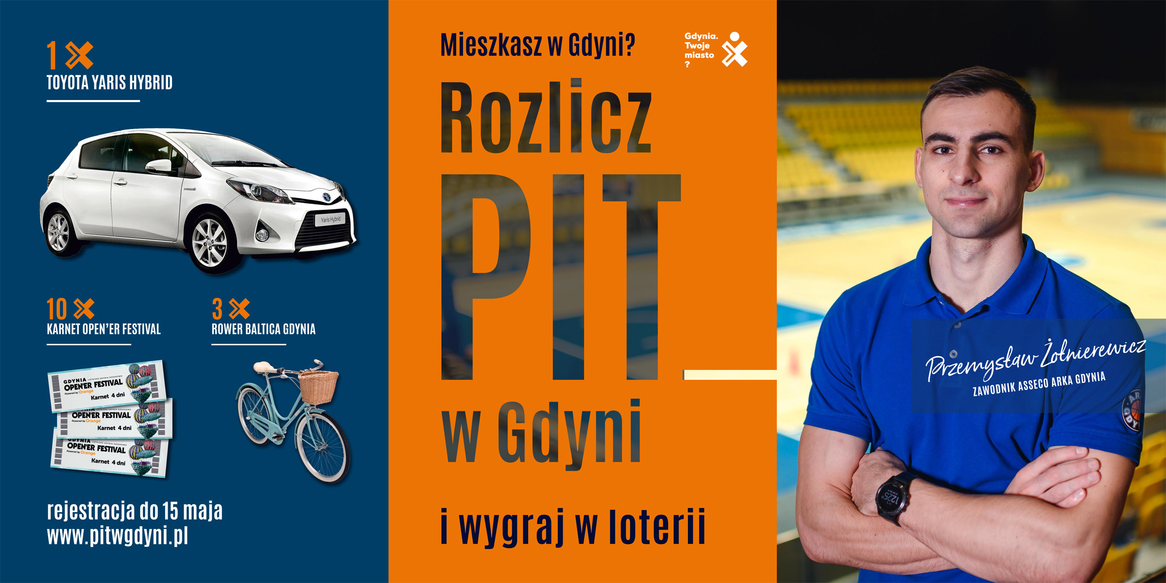 Grafika promująca loterię &bdquo;Rozlicz PIT w Gdyni&rdquo;. Na zdjęciu ambasador kampanii, koszykarz Asseco Arki Gdynia - Przemysław Żołnierewicz