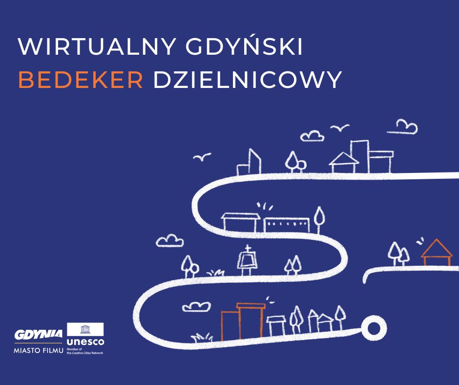 Grafika z linią w kształcie ścieżki i nazwą projektu &bdquo;Wirtualny gdyński bedeker dzielnicowy&rdquo;