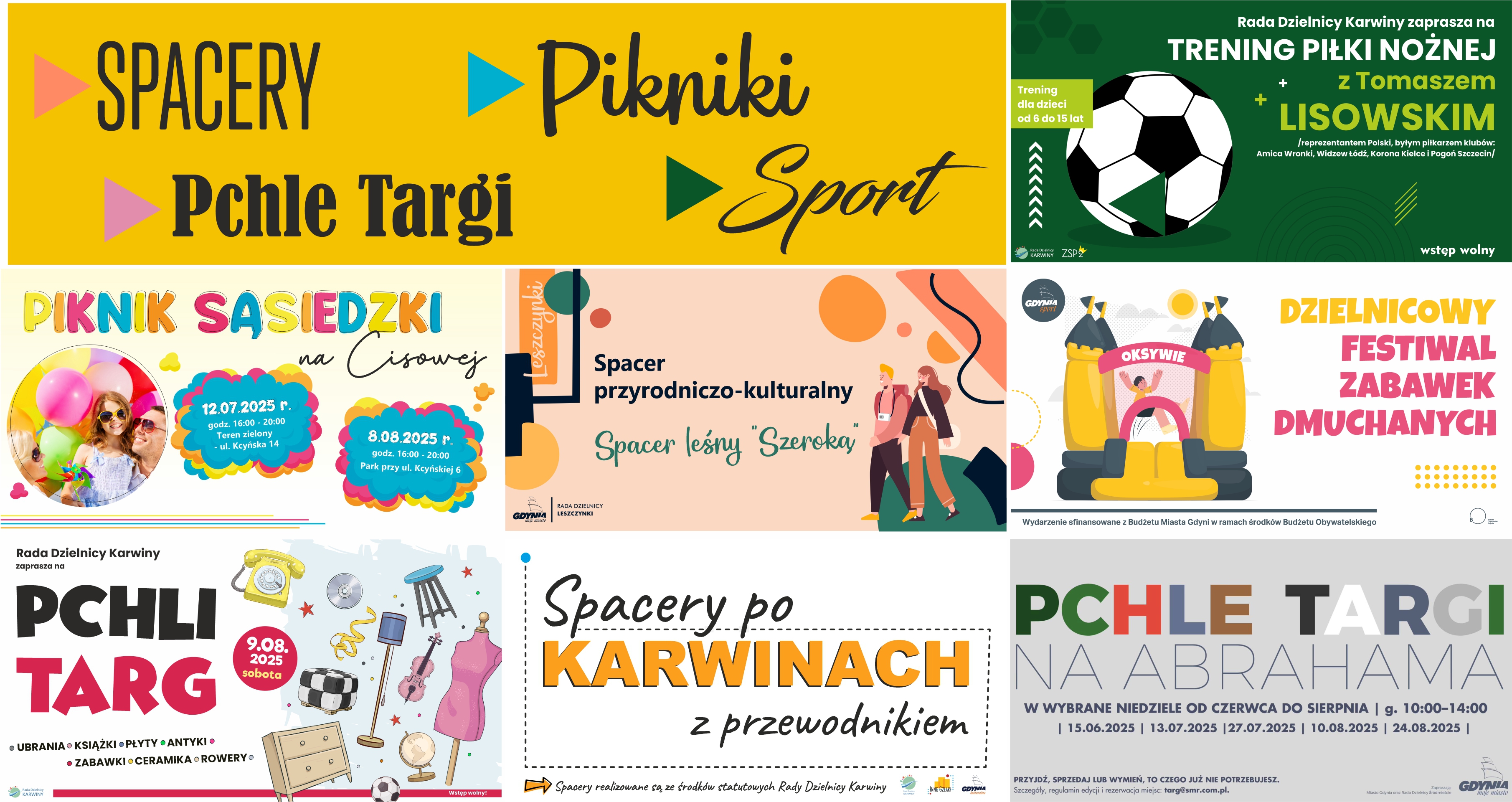Kolaż zdjęć z pchlimi targami, spacerami i piknikami w dzielnicach.