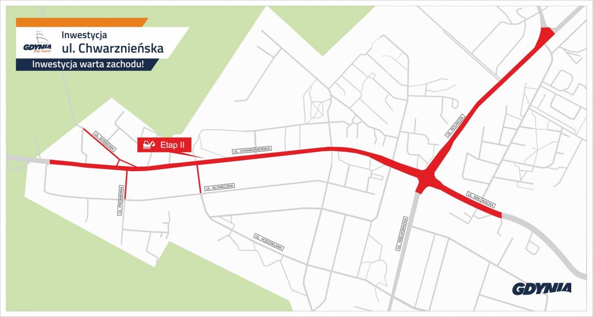 Zakres planowanych prac przy rozbudowie ulicy Chwarznieńskiej na Witominie