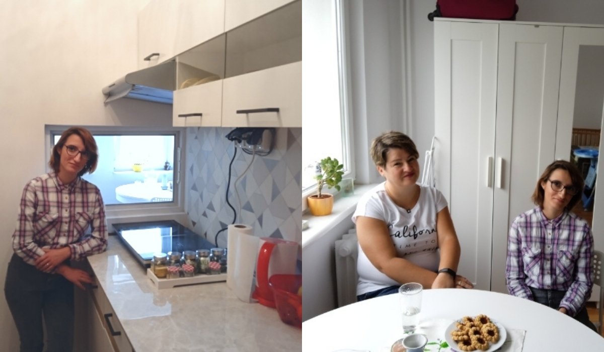 młoda kobieta opiera się blat kuchenny