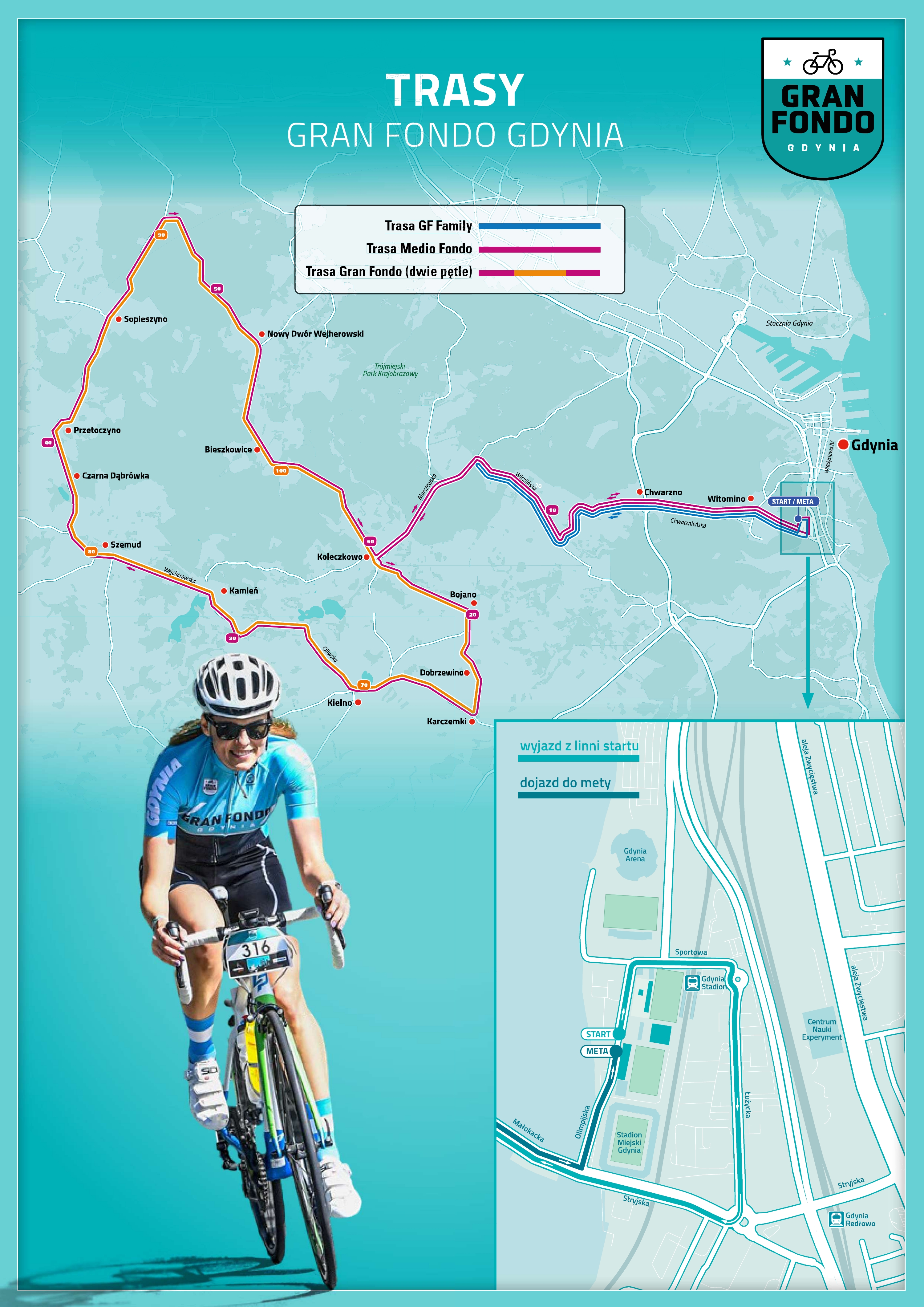 Mapka z zaznaczonym przebiegiem Gran Fondo Gdynia na poszczeg&oacute;lnych dystansach, mat. prasowe
