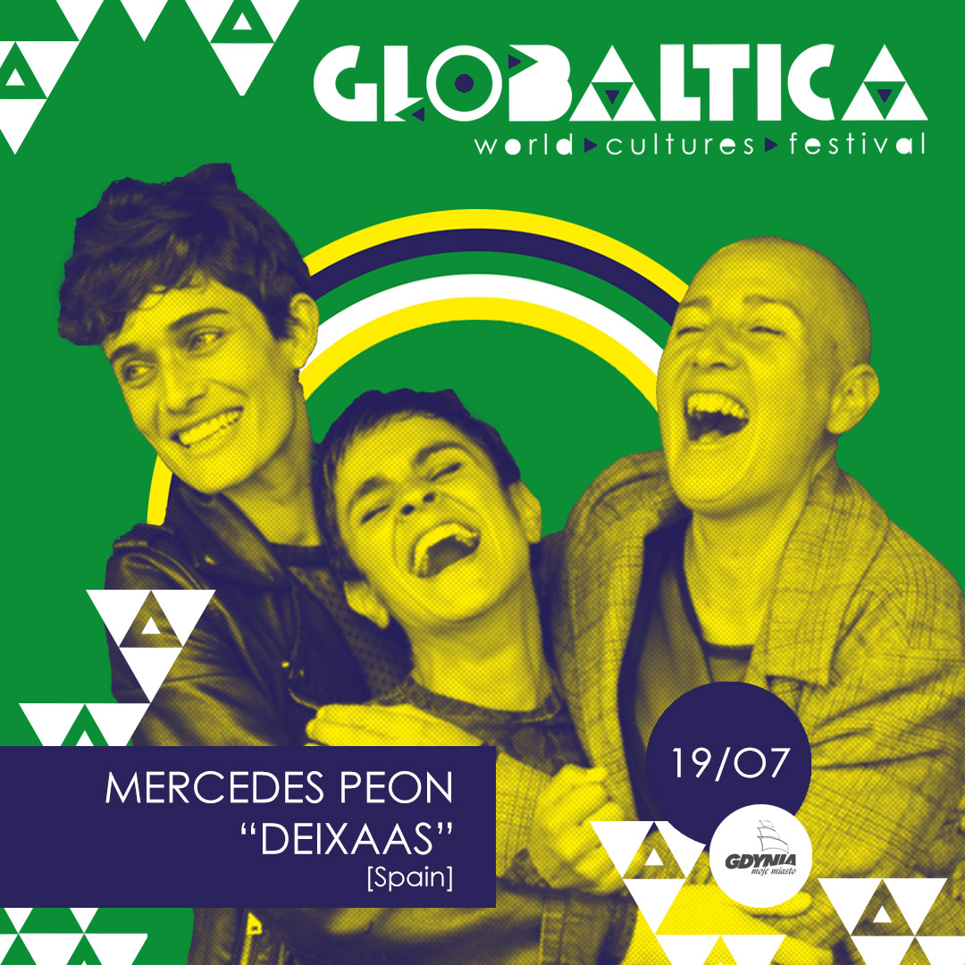 Mercedes Peón i Deixass - trzy śmiejące się kobiety na zielono-białym tle. U góry napis "Globaltica"