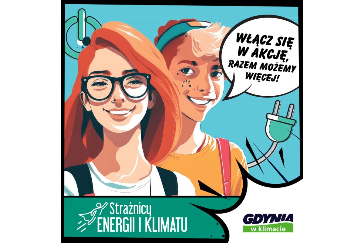 Grafika reklamująca projekt strażnicy energii, w komiksowej formie dwie młode osoby, od popiersia na turkusowym tle. Dziewczyna z przodu ma okulary - chłopak w czapce ma chmurkę w kt&oacute;rej jest napisane włącz się w akcję, razem możemy więcej!