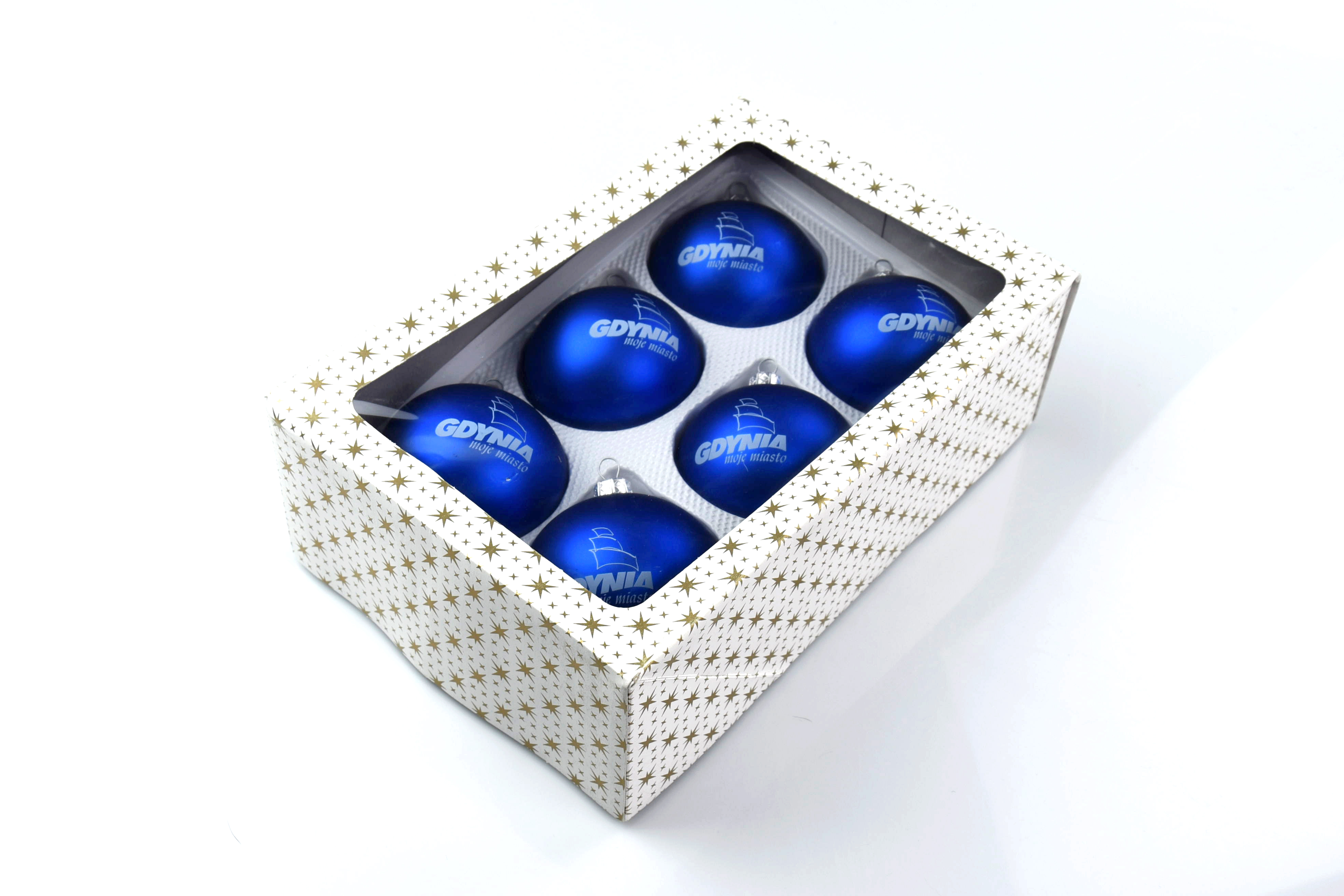 Zestaw 6 granatowych bombek na choinkę, z białym logo "Gdynia moje miasto", zapakowane w białe pudełko. // facebook.com/informacjaturystycznagdynia
