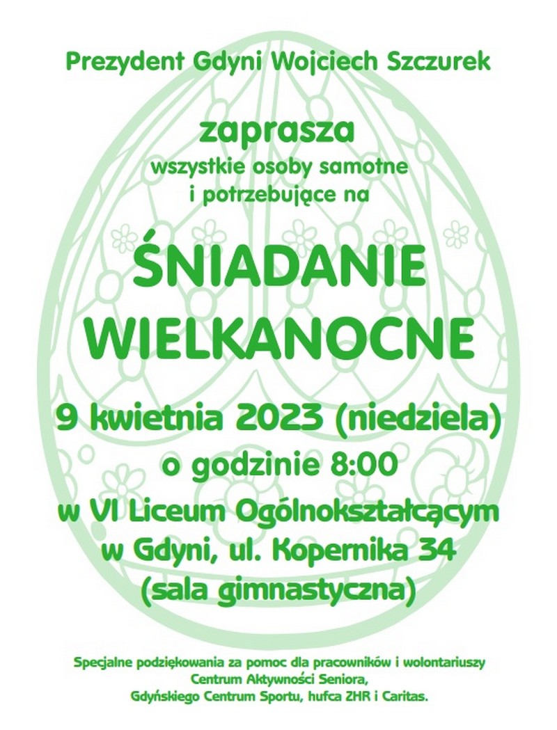 Plakat informujący o gdyńskim śniadaniu wielkanocnym dla samotnych i potrzebujących, kt&oacute;re odbędzie się 9 kwietnia o godz. 8.00 w VI LO w Gdyni // materiały prasowe