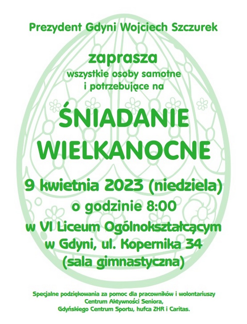 Plakat informujący o gdyńskim śniadaniu wielkanocnym dla samotnych i potrzebujących, które odbędzie się 9 kwietnia o godz. 8.00 w VI LO w Gdyni // materiały prasowe