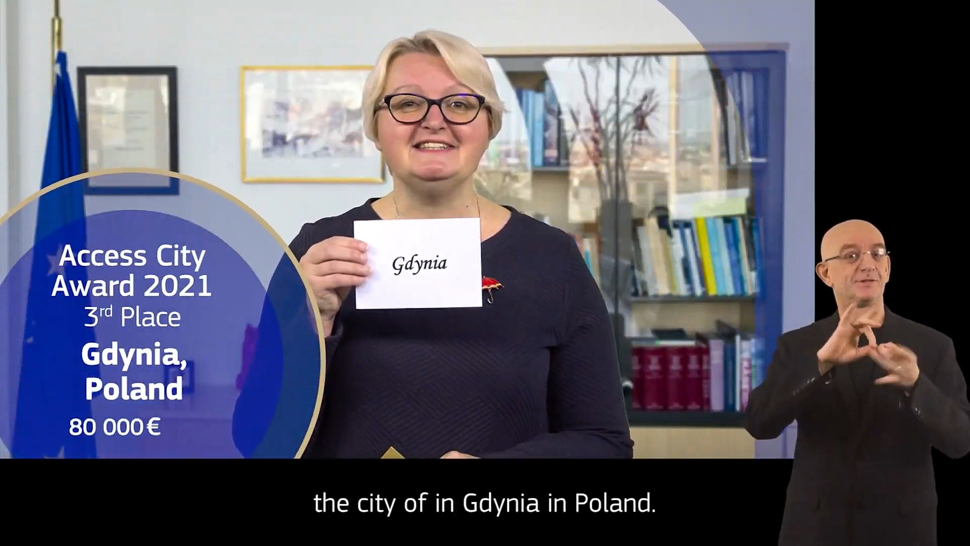 Katarina Ivanković-Knežević, Dyrektor ds. Społecznych w Komisji Europejskiej ogłasza III nagrodę dla Gdyni podczas internetowej gali Access City Award. Źr&oacute;dło: zrzut ekranu