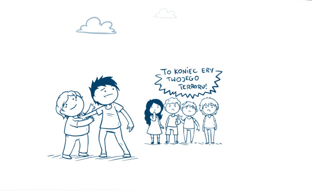 Grafika przedstawiająca przemoc szkolną, jeden chłopiec bije drugiego, grupka dzieci obserwuje i woła: "to koniec ery twojego terroru". źr&oacute;dło: www.resql.pl