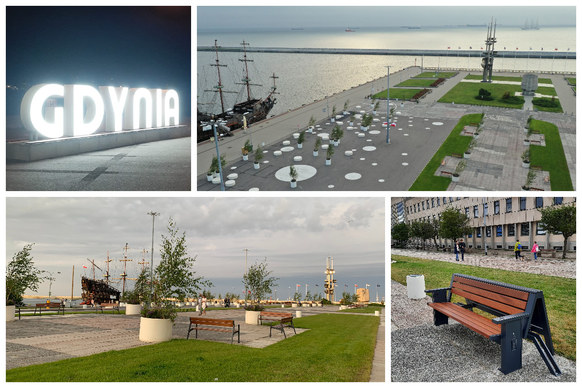 Napis "Gdynia", drzewa w ozdobnych donicach, ławka solarna, białe koła na nawierzchni mola Południowego// fot. ZDiZ, Dzielnice#wGdyni