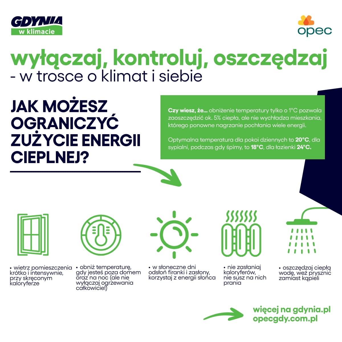 Grafika z informacją: w jaki spos&oacute;b możemy ograniczyć zużycie energii cieplnej?
