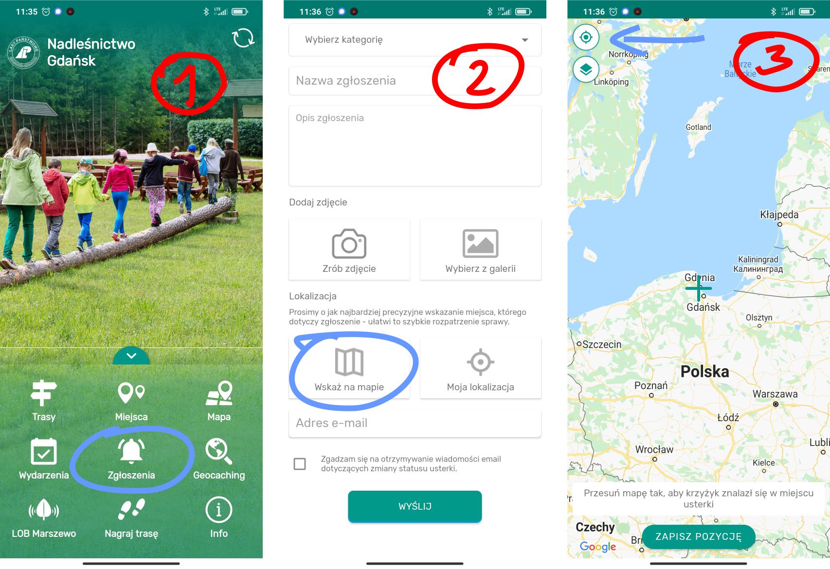 Kr&oacute;tka instrukcja zgłaszania nielegalnych wysypisk w lasach przez aplikację, fot. facebook.com/nadlesnictwo.gdansk