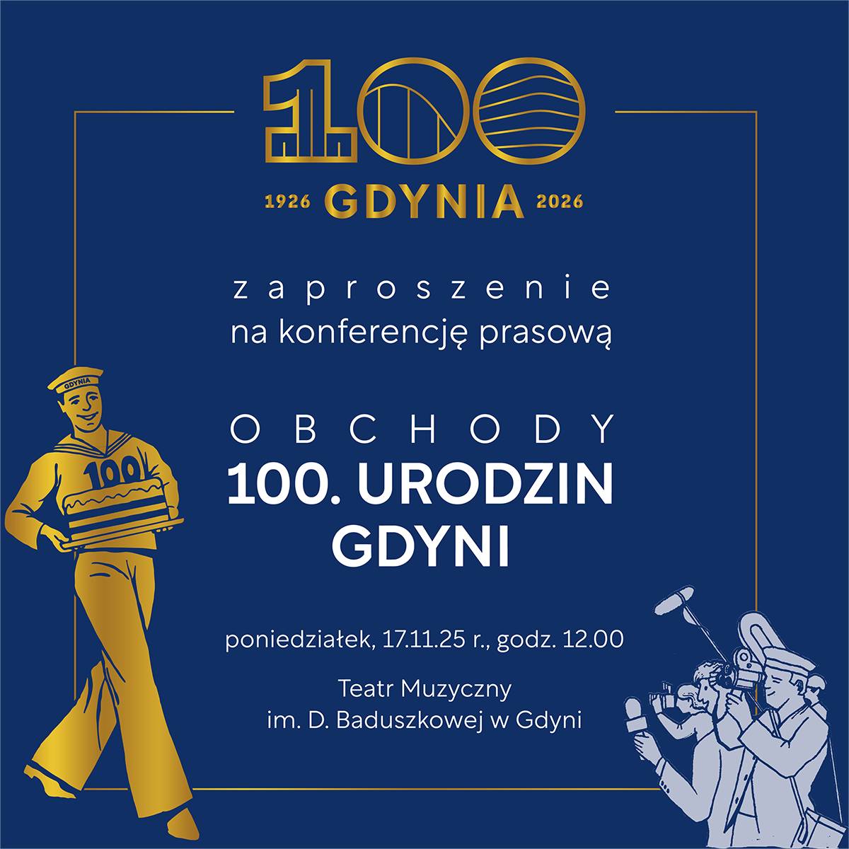 Granatowy plakat ze złotą postacią marynarza i biało-złotymi napisami o treści tożsamej z treścią artykułu