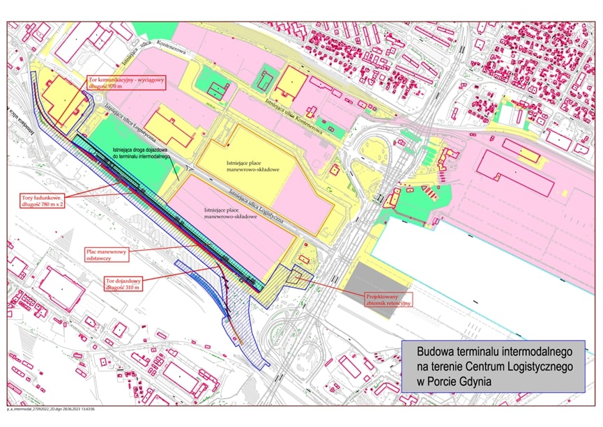 Mapa centrum logistycznego portu Gdynia, zaznaczone tereny pod budowę terminalu intermodalnego, legenda mapy, układ drogowy z Estakadą Kwiatkowskiego 