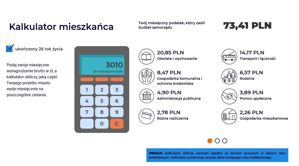 Kalkulator pozwoli nam dokładnie przeanalizować, jakie kwoty z naszych miesięcznych podatków zasilają konkretne działania, fot. gdynia.budzetyjst.pl