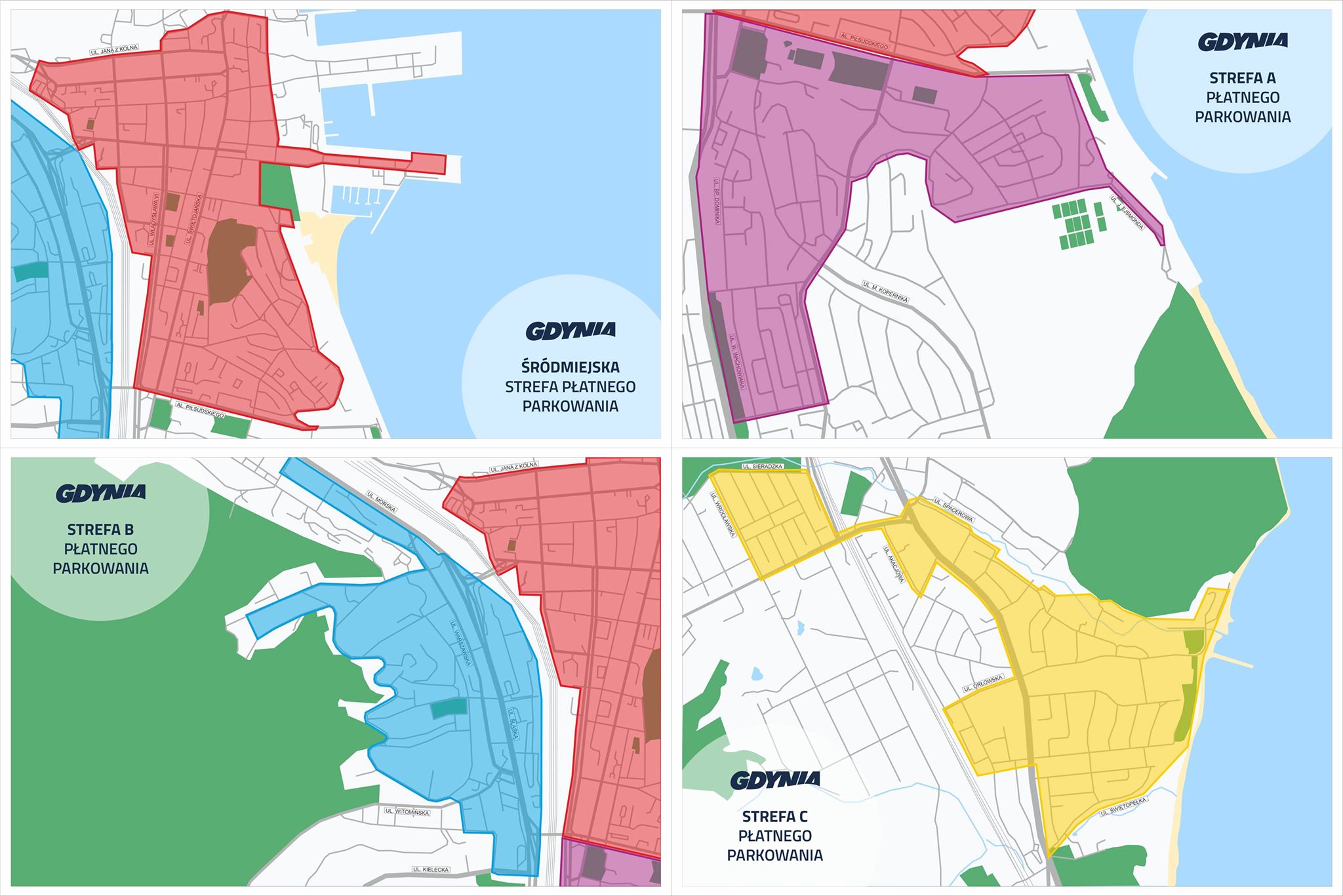 Mapa przedstawiająca rozszerzoną Strefę Płatnego Parkowania (Śródmiejską, A,B,C) // mat.pras. #dzielnicewGdyni