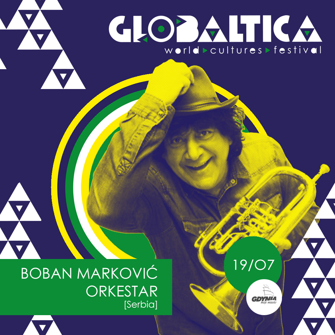 Boban Marković z trąbką w ręku na granatowo-białym tle. U góry napis "Globaltica"