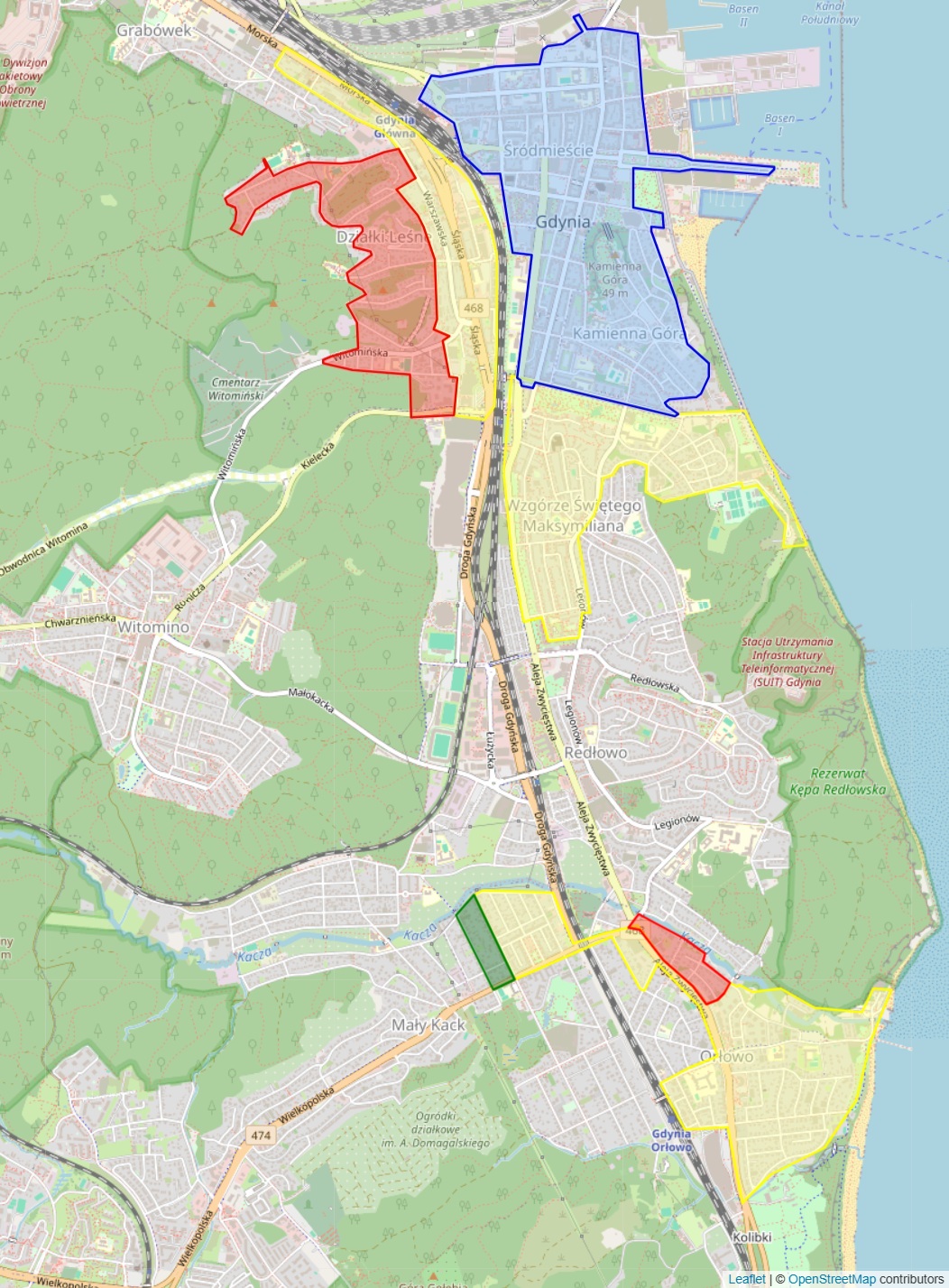 Mapa Gdyni z zaznaczonymi na żołto strefami płatnego parkowania, na niebiesko - śródmiejska strefa, na czerwono - wyłączone ze strefy tereny