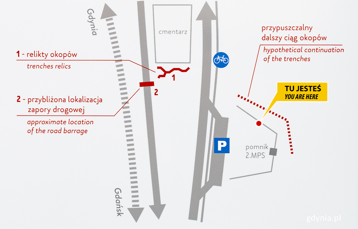 Fragment tablicy przy Pomniku Obrońc&oacute;w Gdyni, pokazujący lokalizację obiektu. Fot. Przemysław Kozłowski