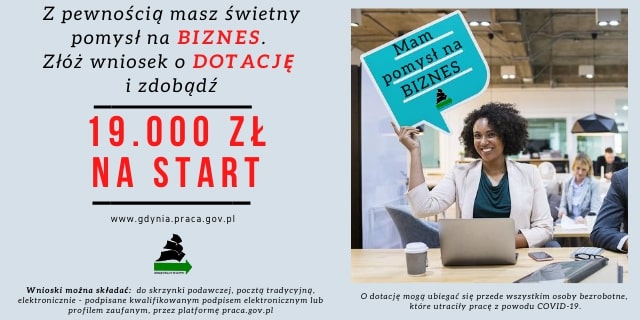 Plakat  informujący o dotacjach z Urzędu Pracy na założenie działalności gospodarczej, mat. PUP