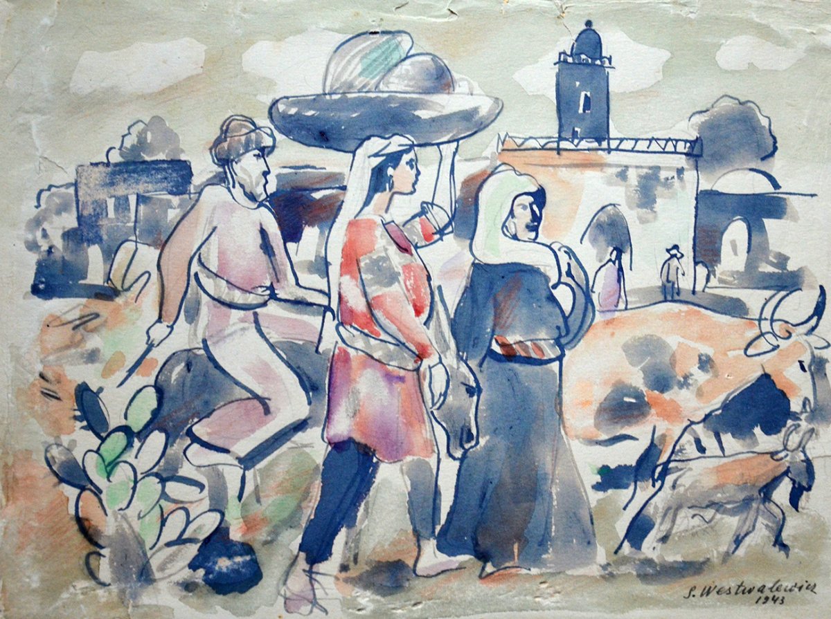 Stanisław Westwalewicz "Rodzina Arab&oacute;w palestyńskich", akwarela, 1943. Źr&oacute;dło: artysciandersa.pl