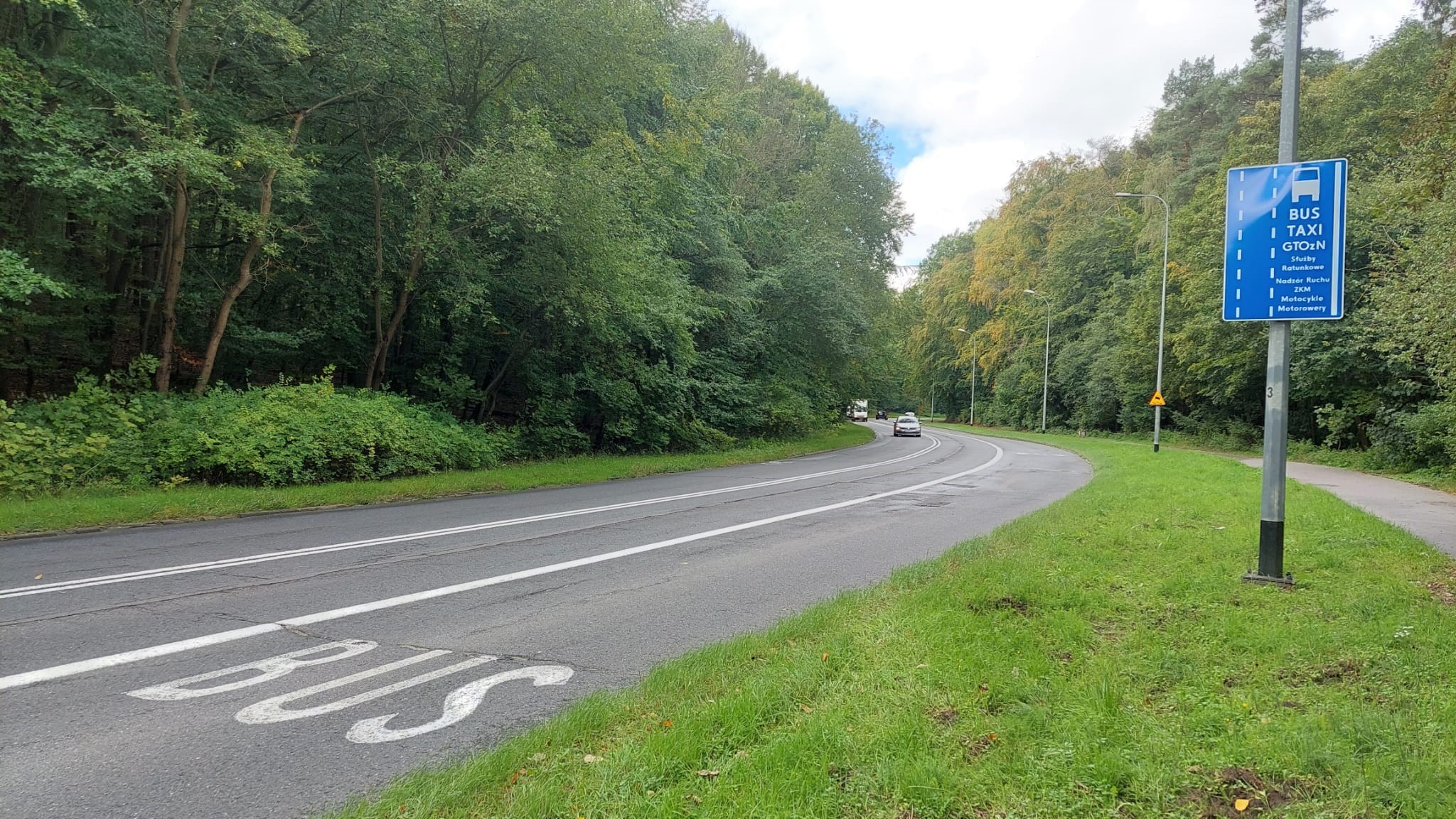 tablica informująca o możliwości korzystania z buspas&oacute;w przez motocyklist&oacute;w, niebieska tablica, ulica, buspas, zieleń