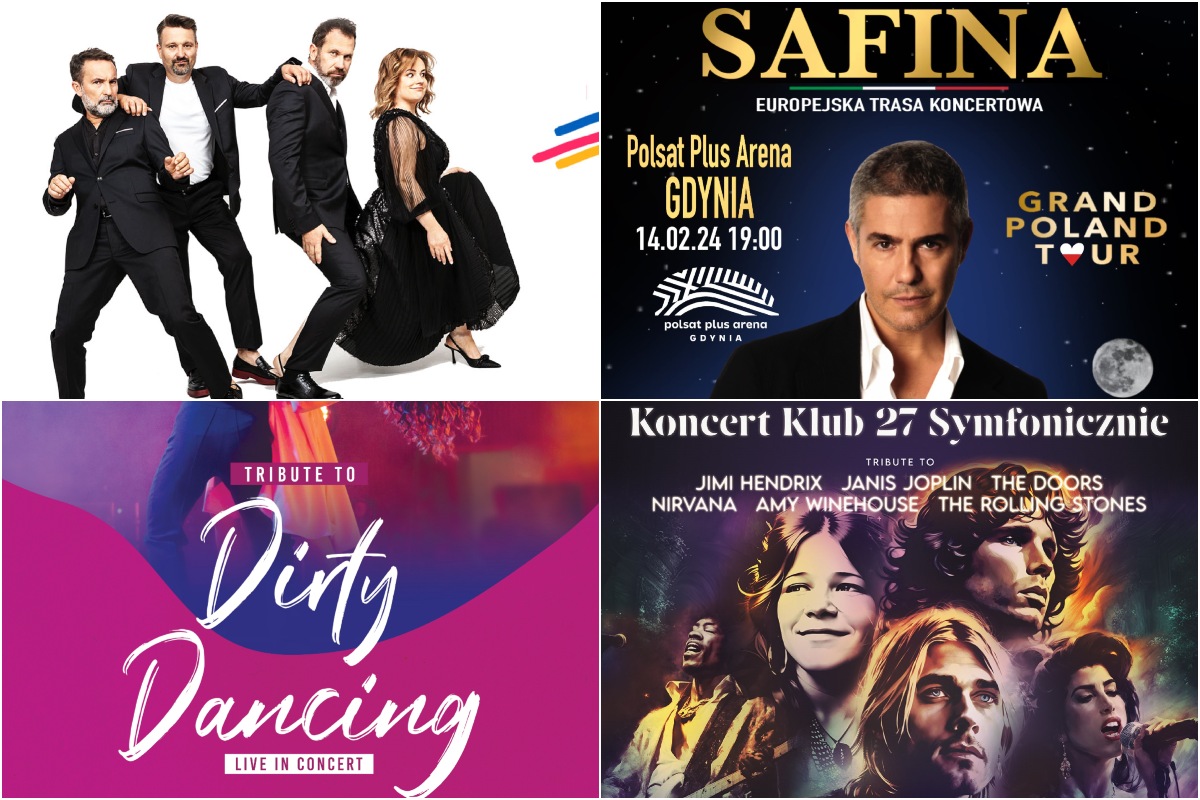 Kolaż plakat&oacute;w. W lewym g&oacute;rnym rogu: fragment plakatu promującego trasę kabaretu Hrabi (mat. organizator&oacute;w). W prawym g&oacute;rnym rogu: grafika promująca koncert Alessandro Safiny w Gdyni (mat. organizator&oacute;w). W lewym dolnym rogu: frgamnet plakatu promującego show "Tribute to Dirty Dancing" (mat. organizator&oacute;w). W prawym dolnym rogu: fragment plakatu promującego koncerty w ramach trasy "Klub 27 Symfonicznie" (mat. organizator&oacute;w)
