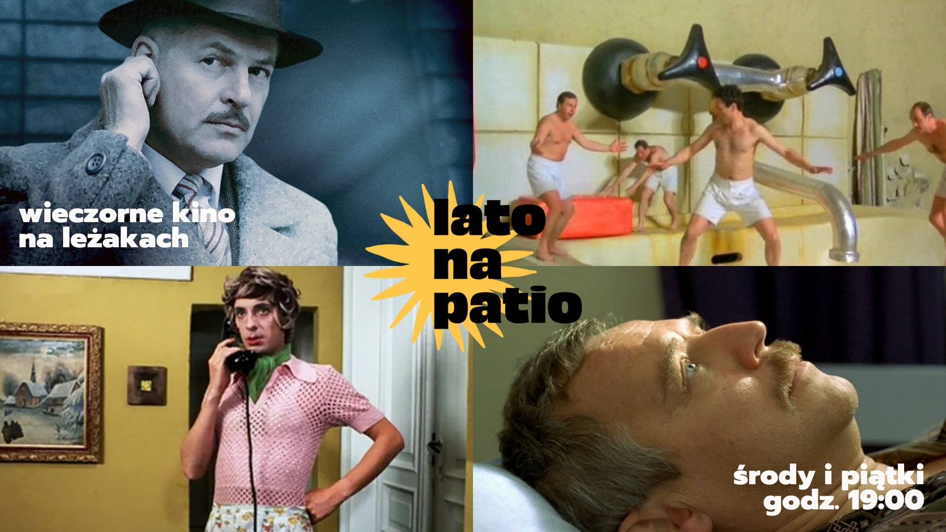 Wieczorne kino na leżakach. Kino plenerowe, kadry z film&oacute;w: &bdquo;Vabank&rdquo;, &bdquo;Kingsajz&rdquo;, &bdquo;Poszukiwany, poszukiwana&rdquo; i &bdquo;Dzień świra&rdquo; 