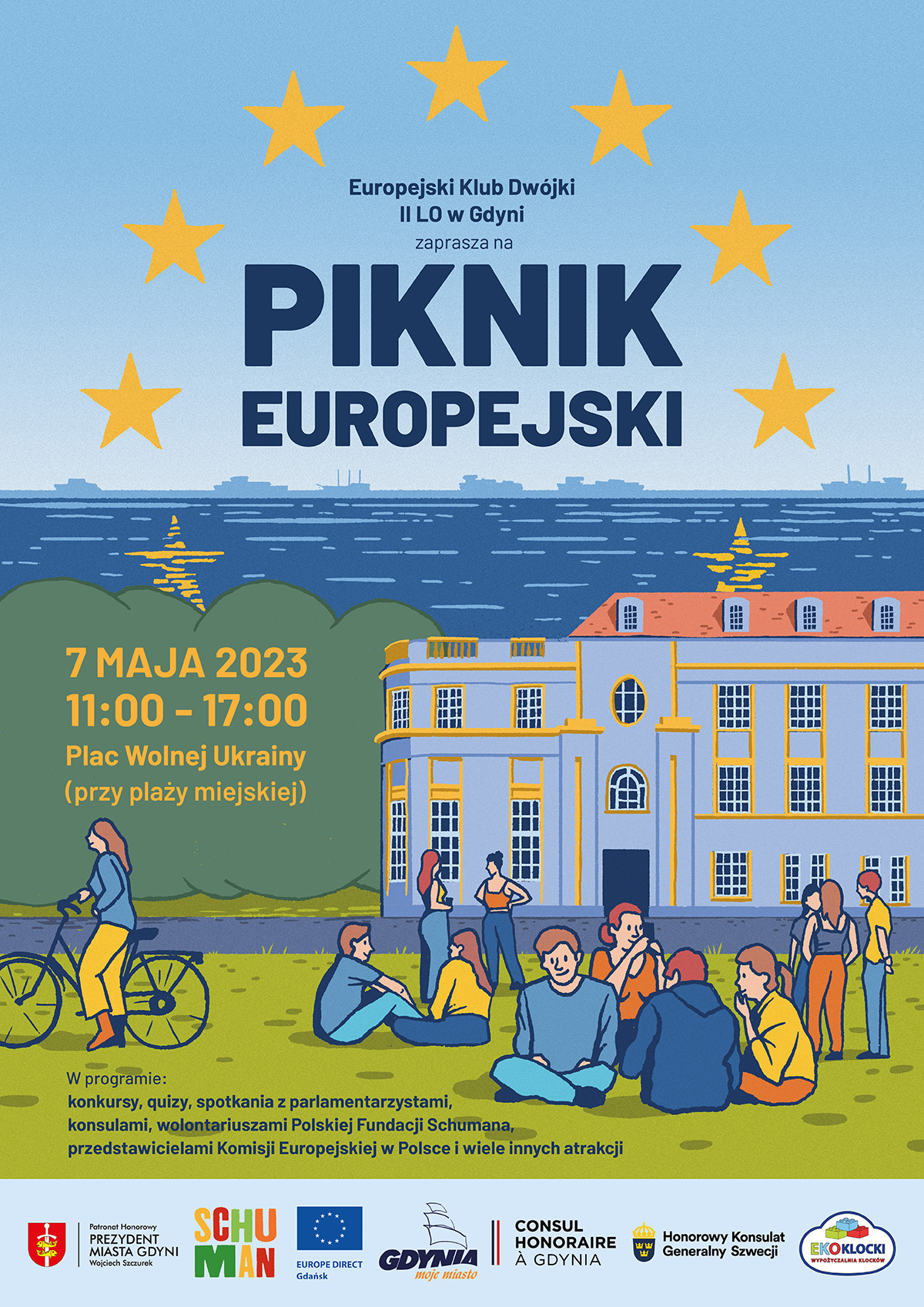 na grafice młodzi ludzie siedzący na trawie, w tle budynek Riwiery